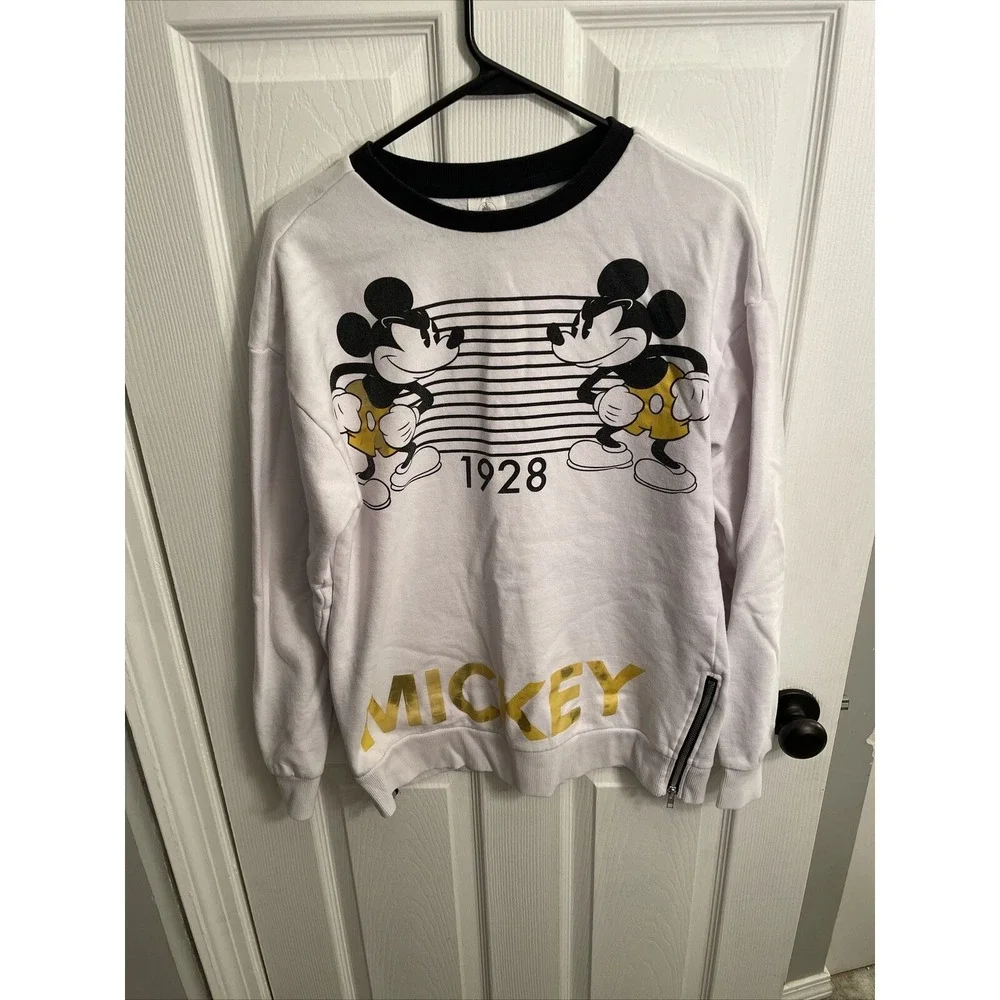 Mickey Mouse Sweatshirt Adult Small White Gold Black 1928 Zippers Pullover Faded